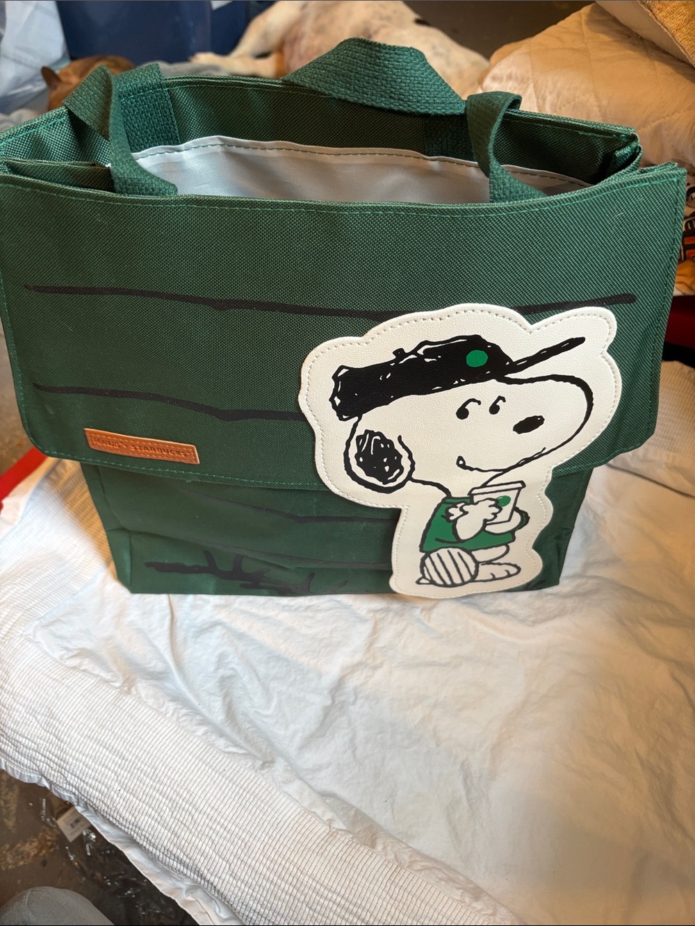 Starbucks Green Snoopy Canvas Tote Bag with Patch